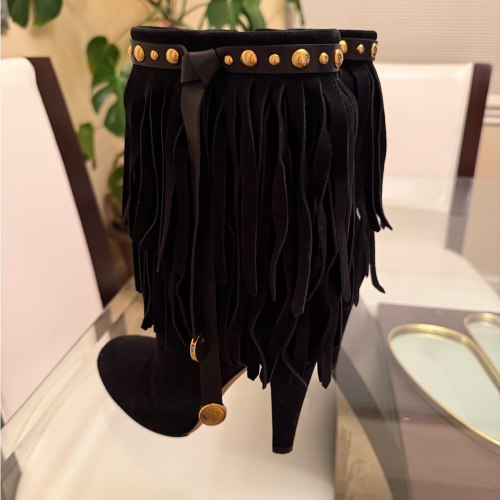 Gucci Black Suede Fringe Ankle Boots with Gold Stud Trim